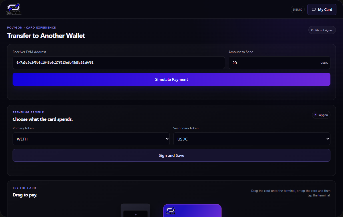 CardLink platform payment form with receiver and USDC amount fields