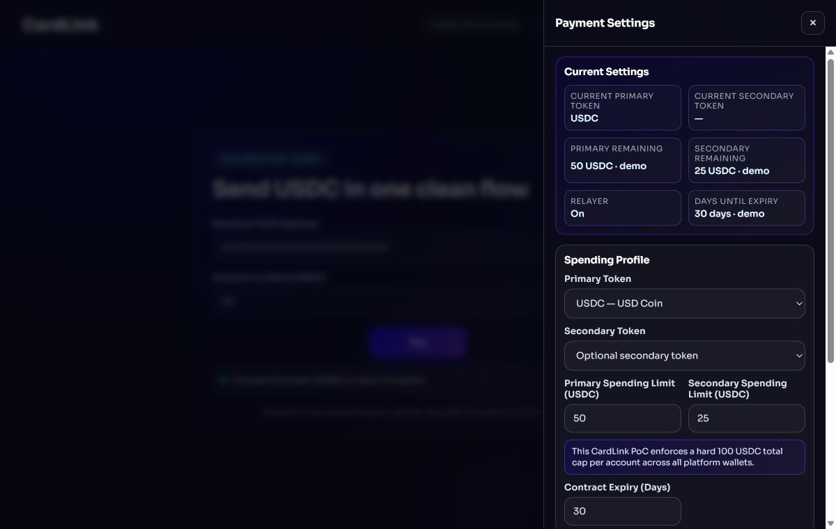 CardLink payment settings and spending profile interface, shown with demo values